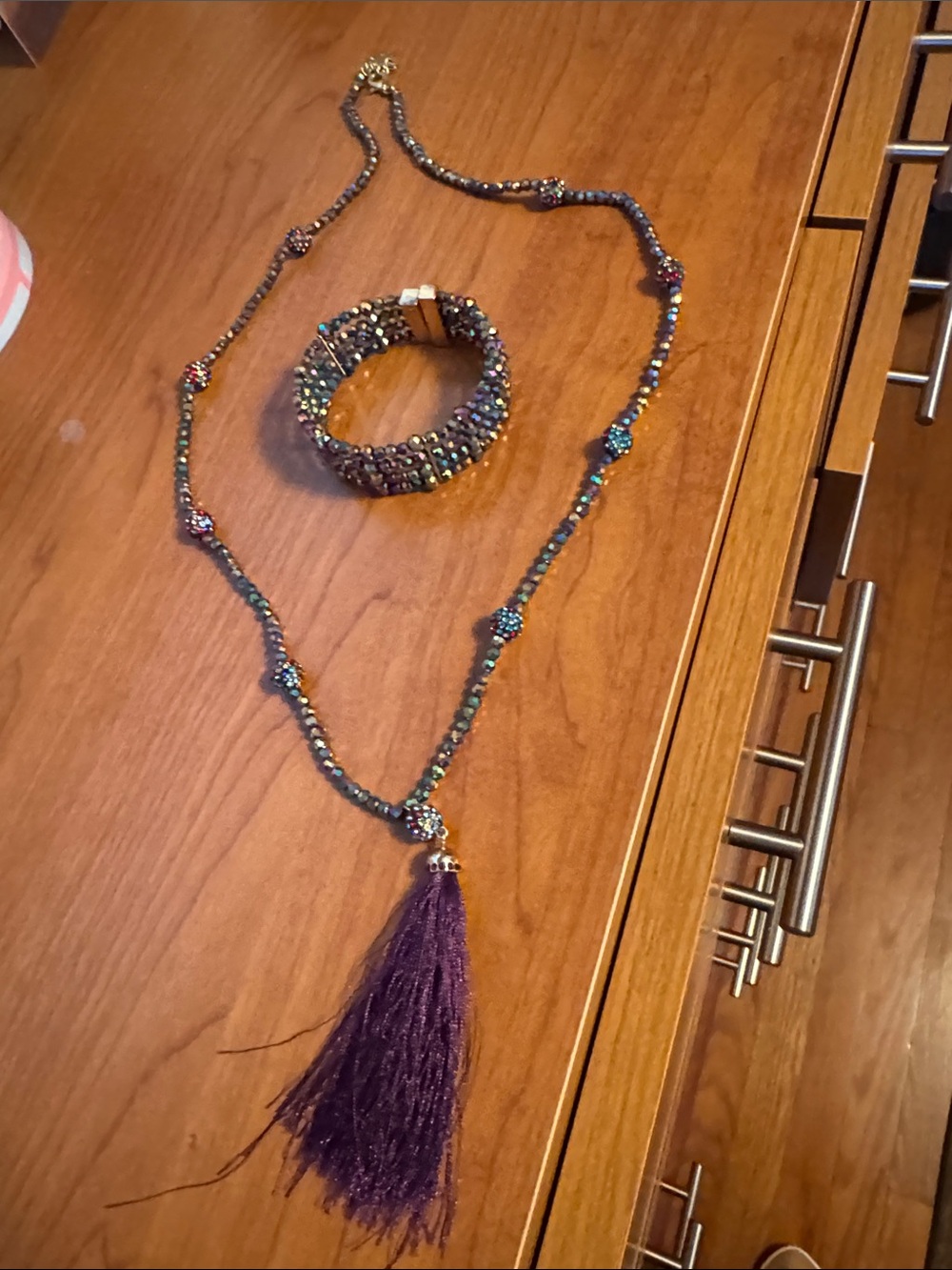 Liz Claiborne Iridescent Beaded Necklace with Purple Tassel